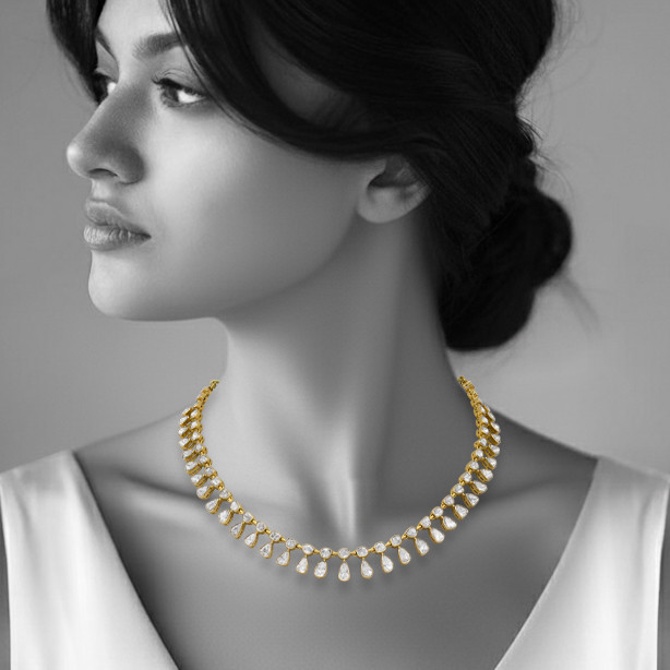 Polki Necklace with Cascading Pear-Shaped Drops in Open Setting